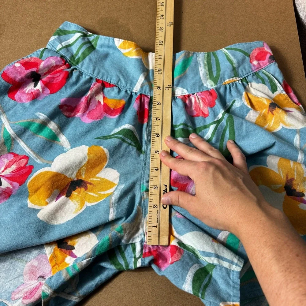 Tea Floral Blue Girl's Cotton Linen Blend High Waisted Shorts Size 16